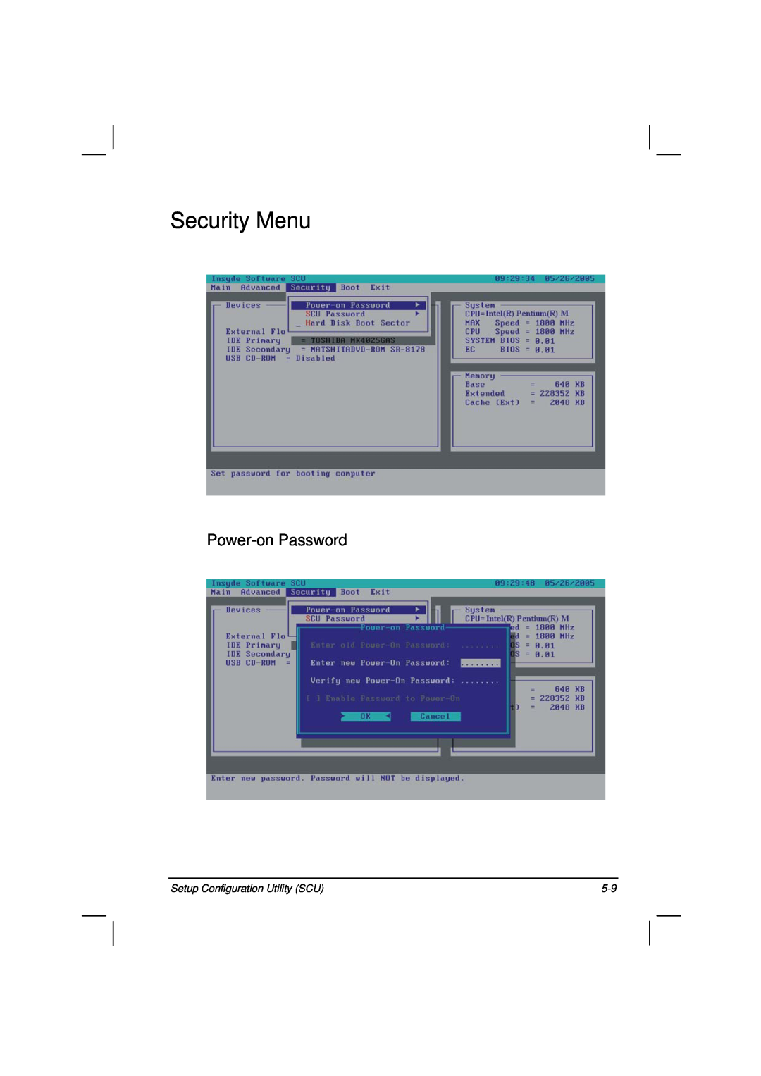 Casio HK1223 owner manual Security Menu, Power-on Password, Setup Configuration Utility SCU 