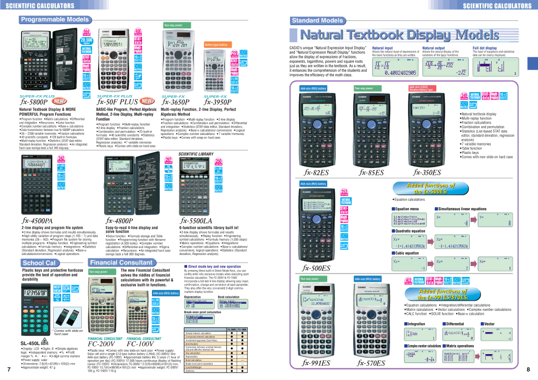 Casio HR150TM specifications Programmable Models, Standard Models, School Cal, Financial Consultant, SL-450L Digits 