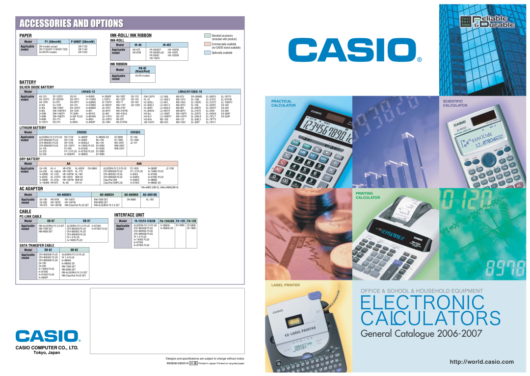 Casio HR150TM specifications Electronic Calculators, Accessories And Options, General Catalogue, http//world.casio.com 