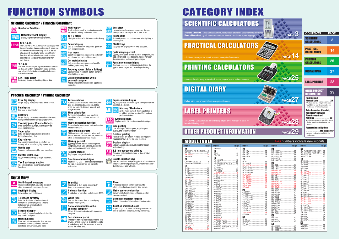 Casio HR150TM Model Index, PAGE PAGE14, PAGE25, PAGE27, PAGE28 PAGE29, Category Index, Scientific Calculators, Contents 