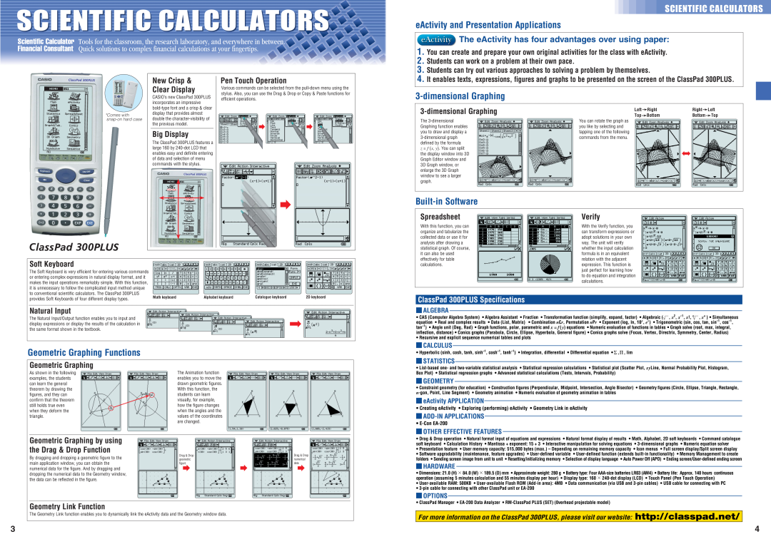 Casio HR150TM Scientific Calculators, ClassPad 300PLUS Specifications, eActivity and Presentation Applications 