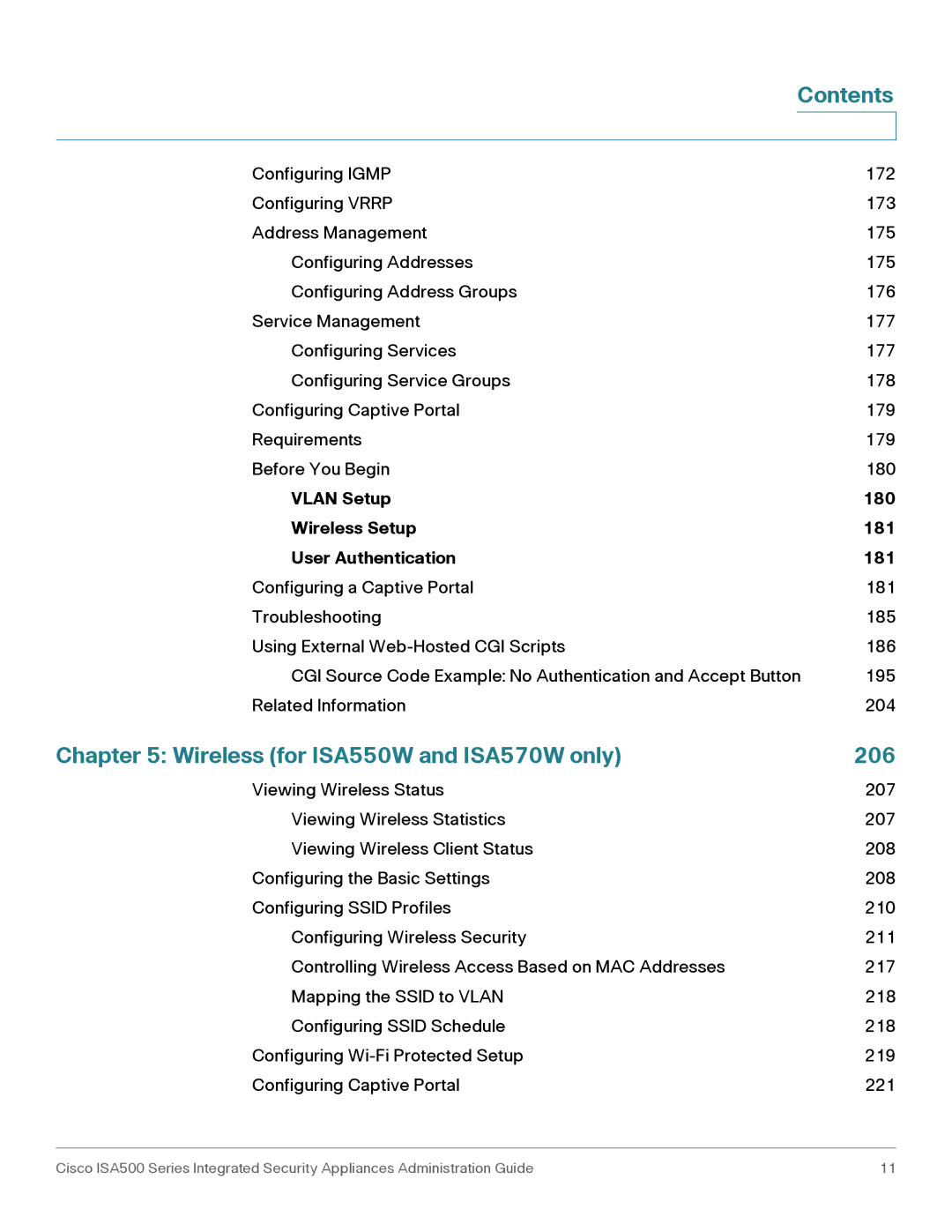 Casio ISA550WBUN3K9 manual Wireless for ISA550W and ISA570W only 206, Vlan Setup 180 Wireless Setup 181 User Authentication 