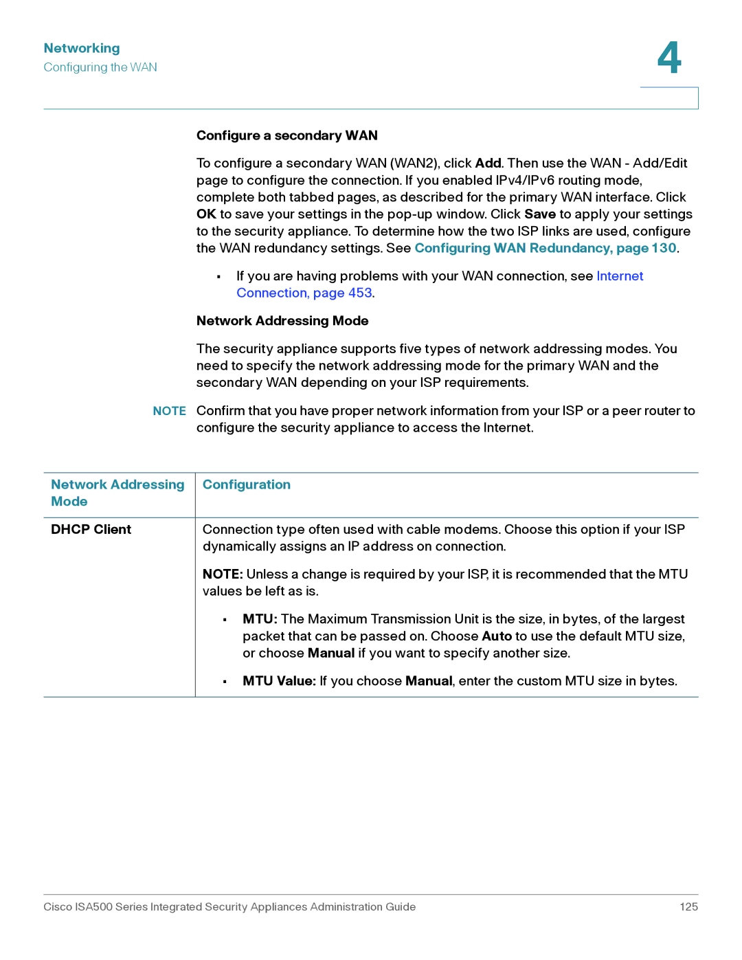 Casio ISA550WBUN3K9 Configure a secondary WAN, Network Addressing Mode, Network Addressing Configuration Mode, Dhcp Client 