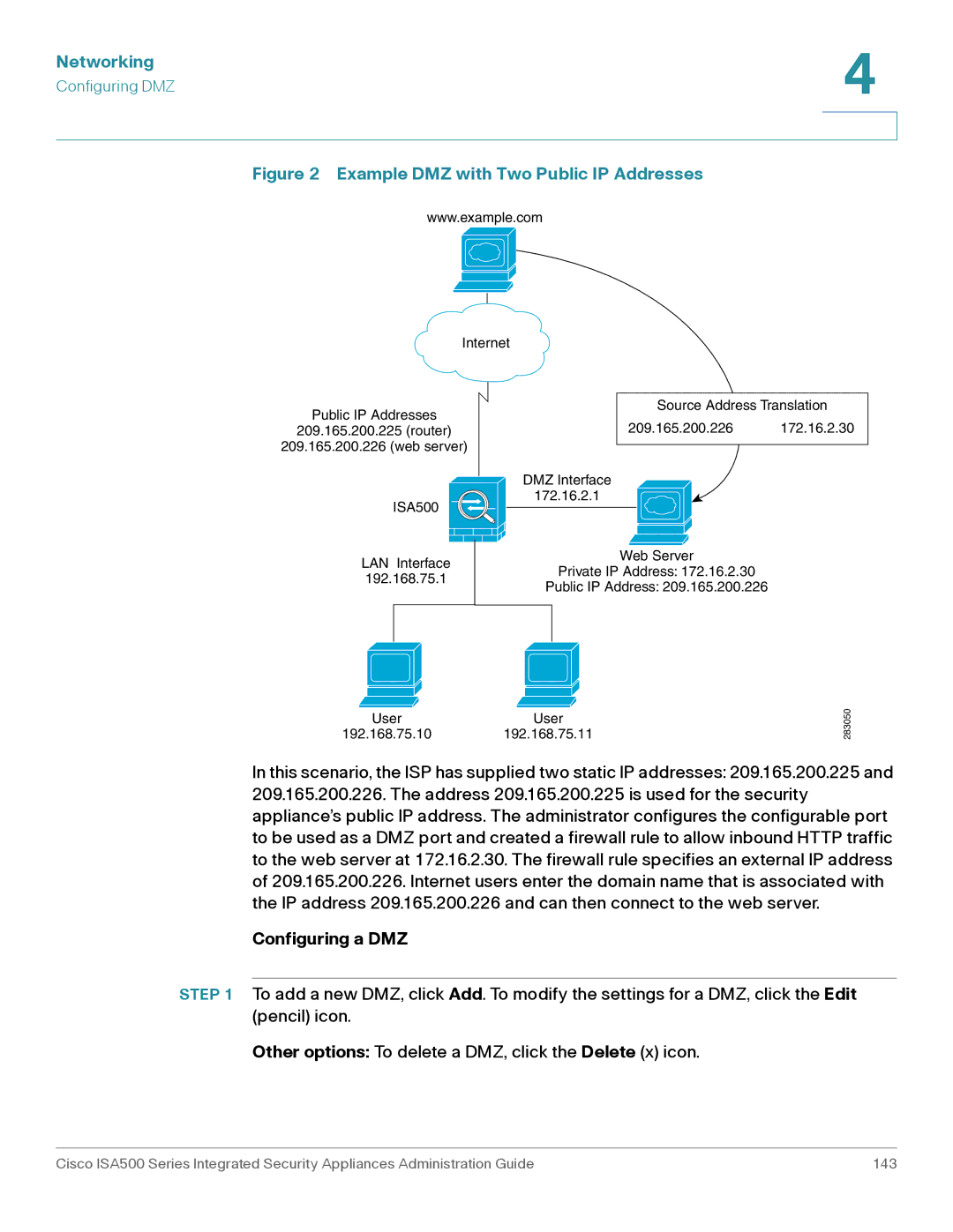 Casio ISA550WBUN3K9 manual Example DMZ with Two Public IP Addresses, Configuring a DMZ 