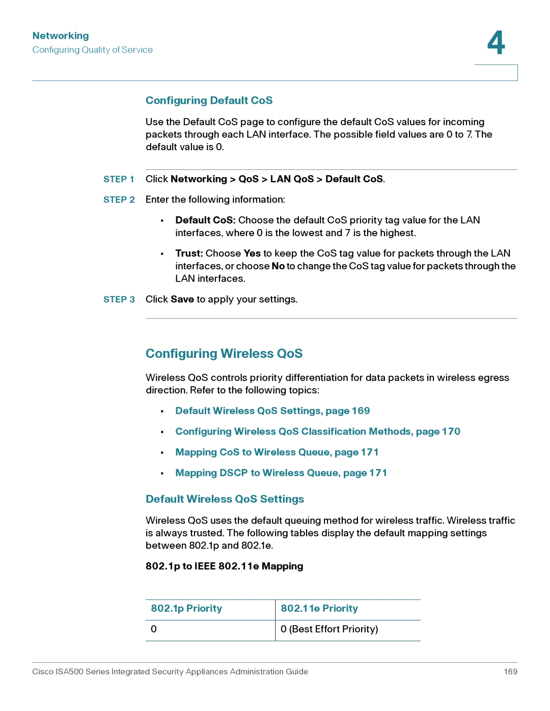 Casio ISA550WBUN3K9 manual Configuring Wireless QoS, Configuring Default CoS, Default Wireless QoS Settings 