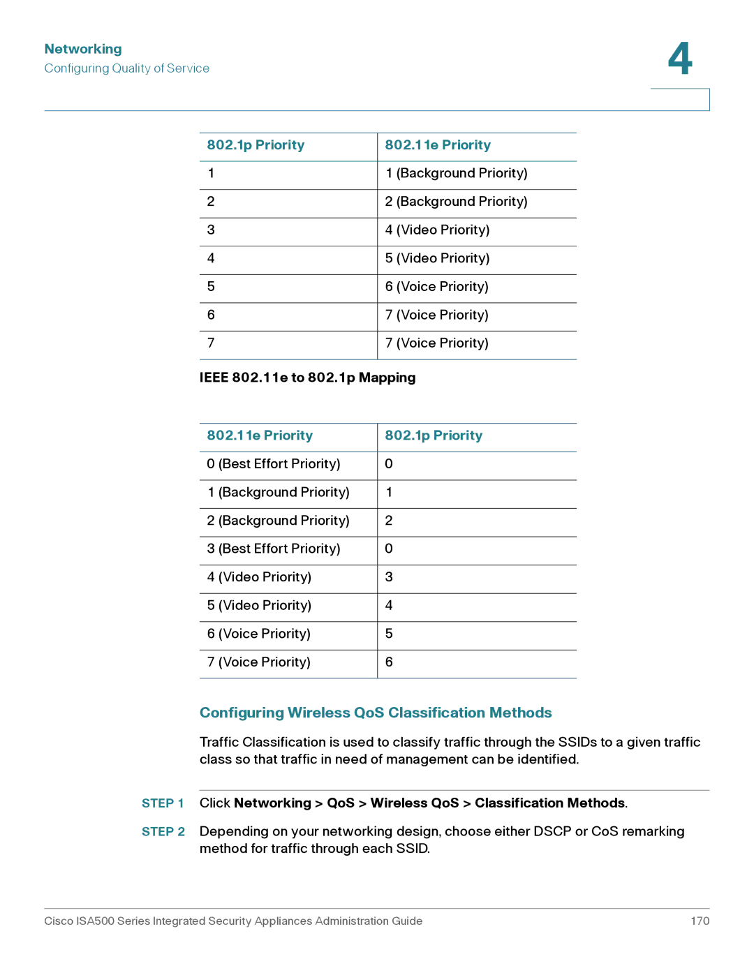 Casio ISA550WBUN3K9 manual Configuring Wireless QoS Classification Methods, Ieee 802.11e to 802.1p Mapping 