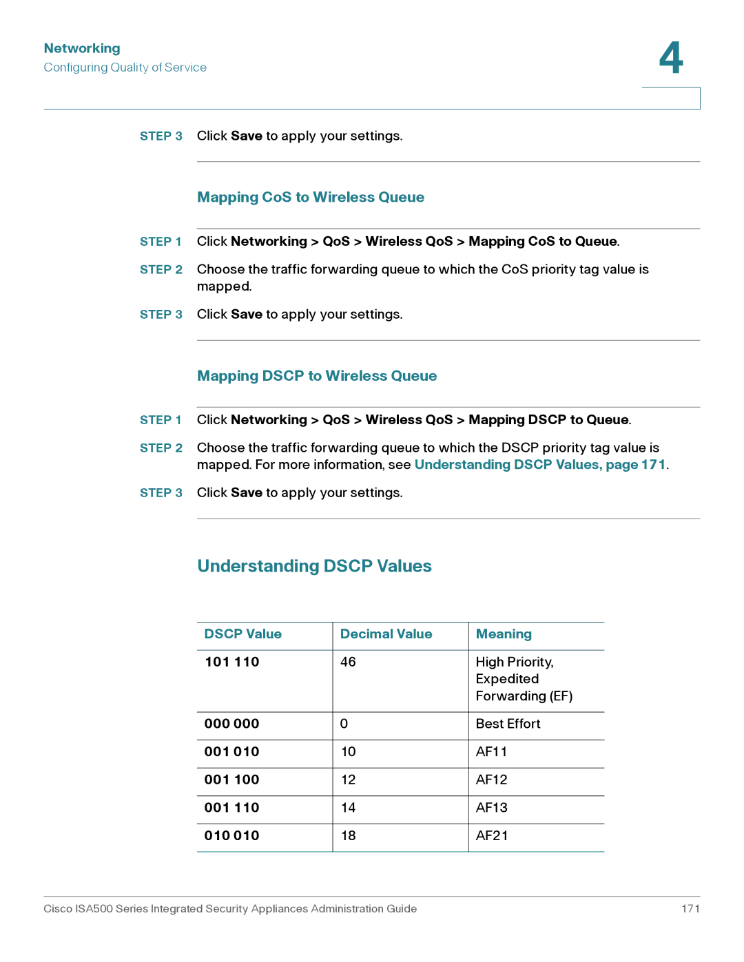 Casio ISA550WBUN3K9 manual Understanding Dscp Values, Mapping CoS to Wireless Queue, Mapping Dscp to Wireless Queue 