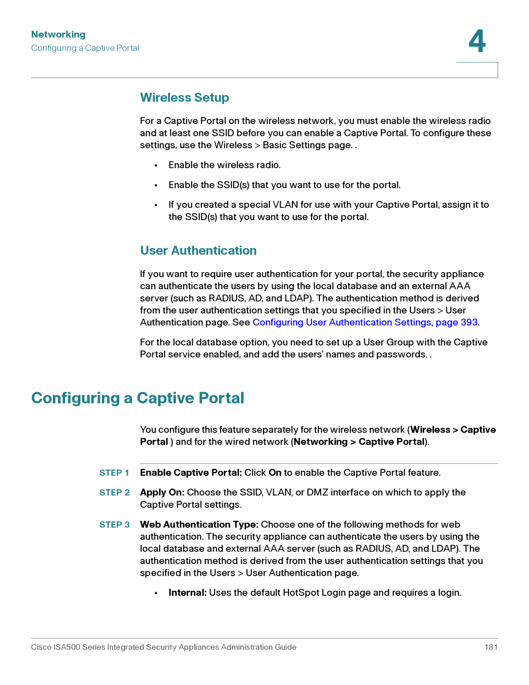 Casio ISA550WBUN3K9 manual Configuring a Captive Portal, Wireless Setup, User Authentication 