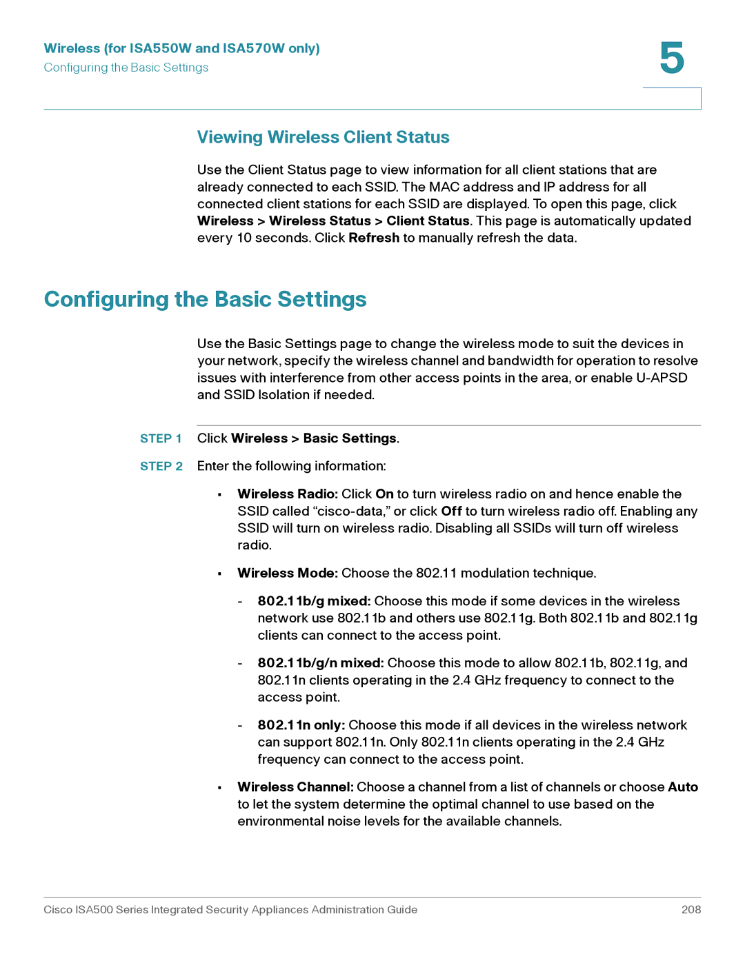 Casio ISA550WBUN3K9 manual Configuring the Basic Settings, Viewing Wireless Client Status, Click Wireless Basic Settings 