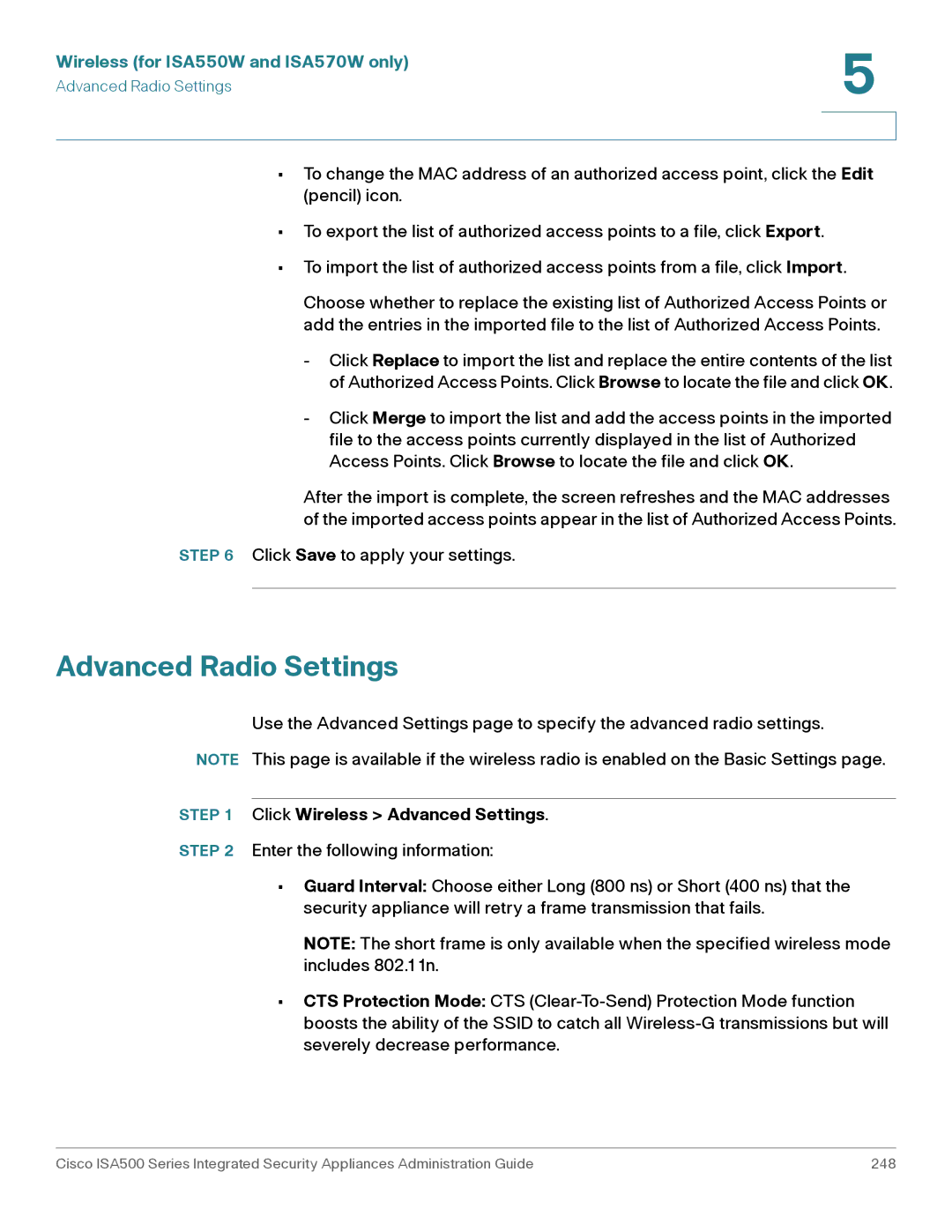 Casio ISA550WBUN3K9 manual Advanced Radio Settings, Click Wireless Advanced Settings 