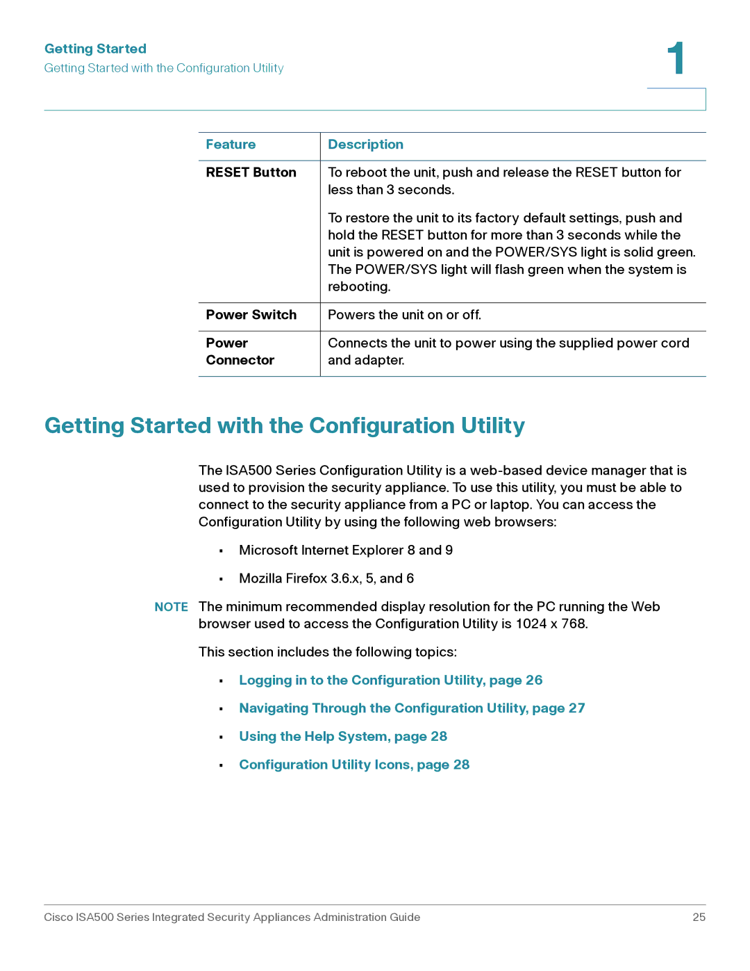 Casio ISA550WBUN3K9 manual Getting Started with the Configuration Utility, Reset Button, Power Switch, Connector 