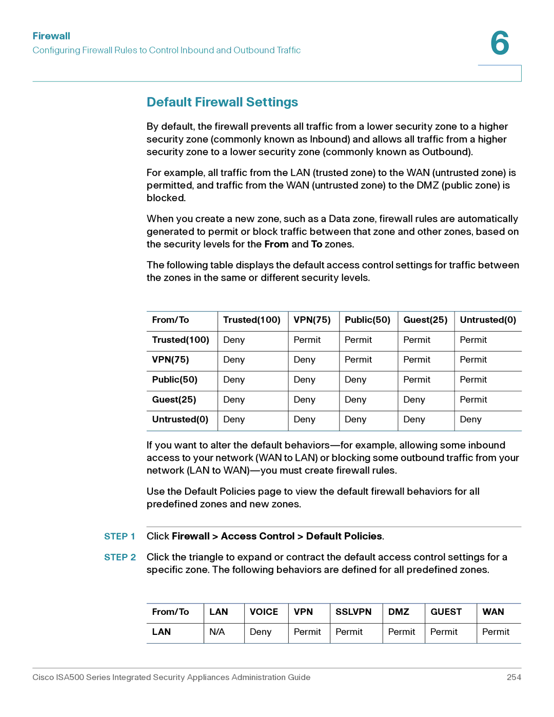 Casio ISA550WBUN3K9 manual Default Firewall Settings, Click Firewall Access Control Default Policies 