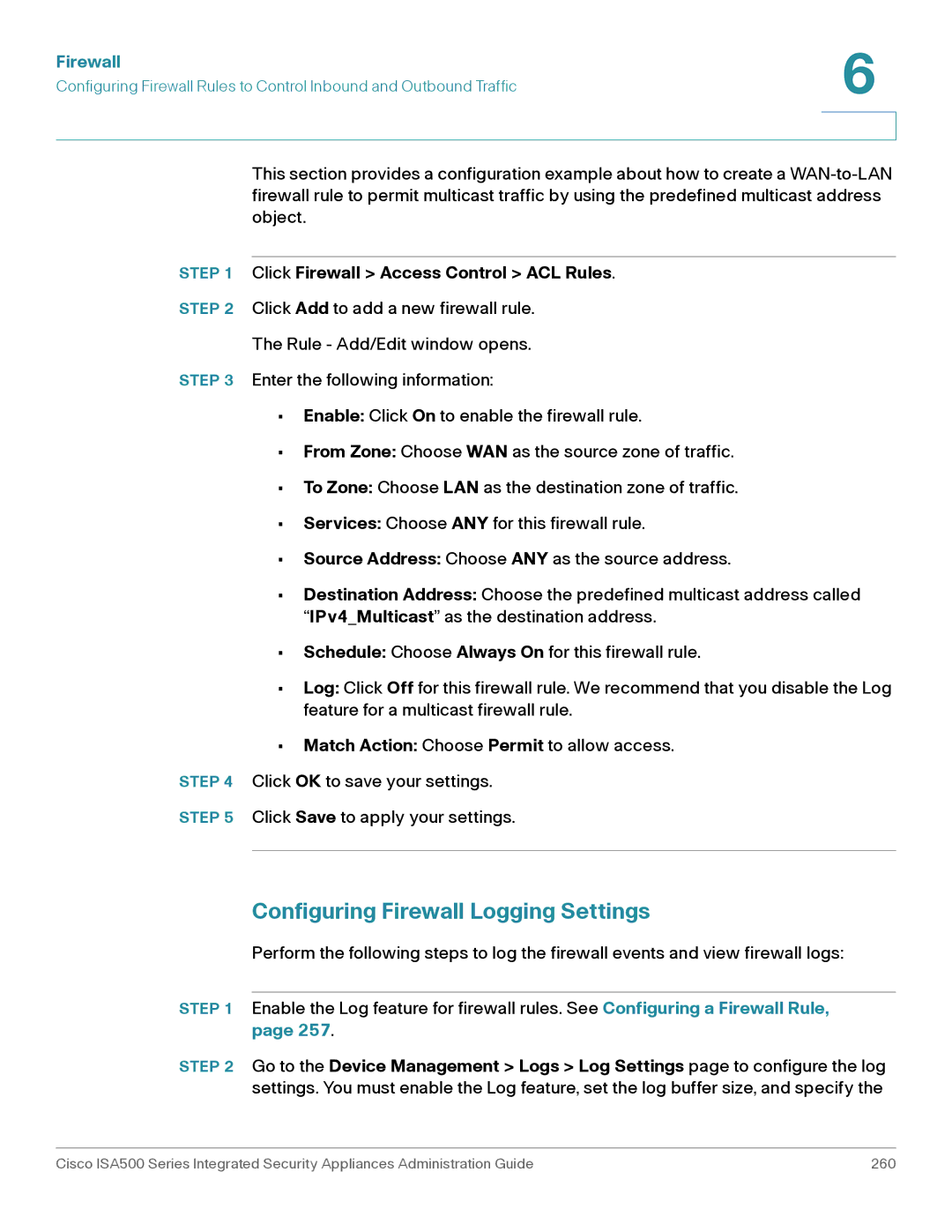 Casio ISA550WBUN3K9 manual Configuring Firewall Logging Settings, Click Firewall Access Control ACL Rules 