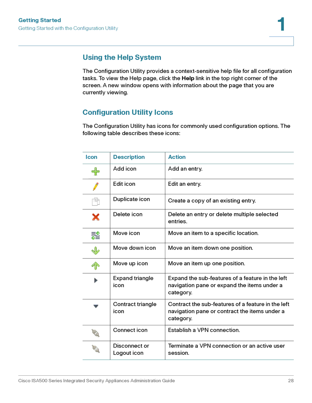 Casio ISA550WBUN3K9 manual Using the Help System, Configuration Utility Icons, Icon Description Action 