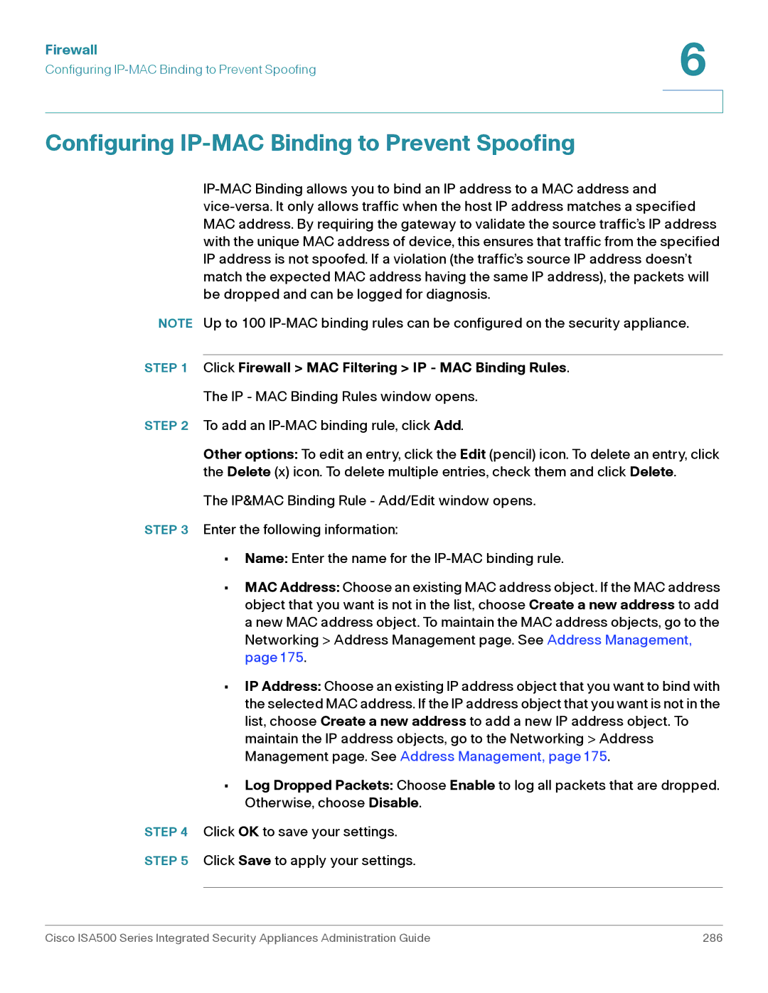 Casio ISA550WBUN3K9 Configuring IP-MAC Binding to Prevent Spoofing, Click Firewall MAC Filtering IP MAC Binding Rules 