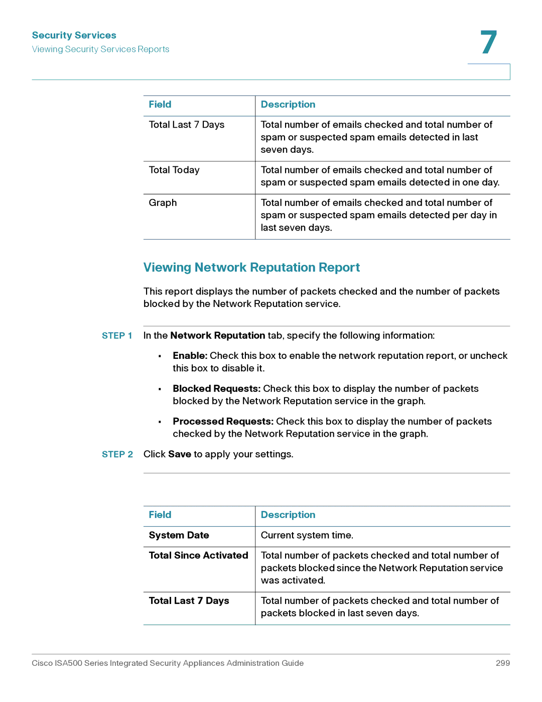 Casio ISA550WBUN3K9 manual Viewing Network Reputation Report, System Date, Total Since Activated, Total Last 7 Days 