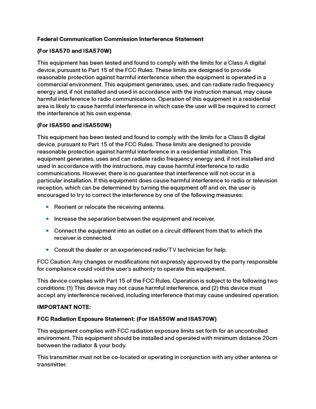 Casio ISA550WBUN3K9 manual Important Note, FCC Radiation Exposure Statement For ISA550W and ISA570W 