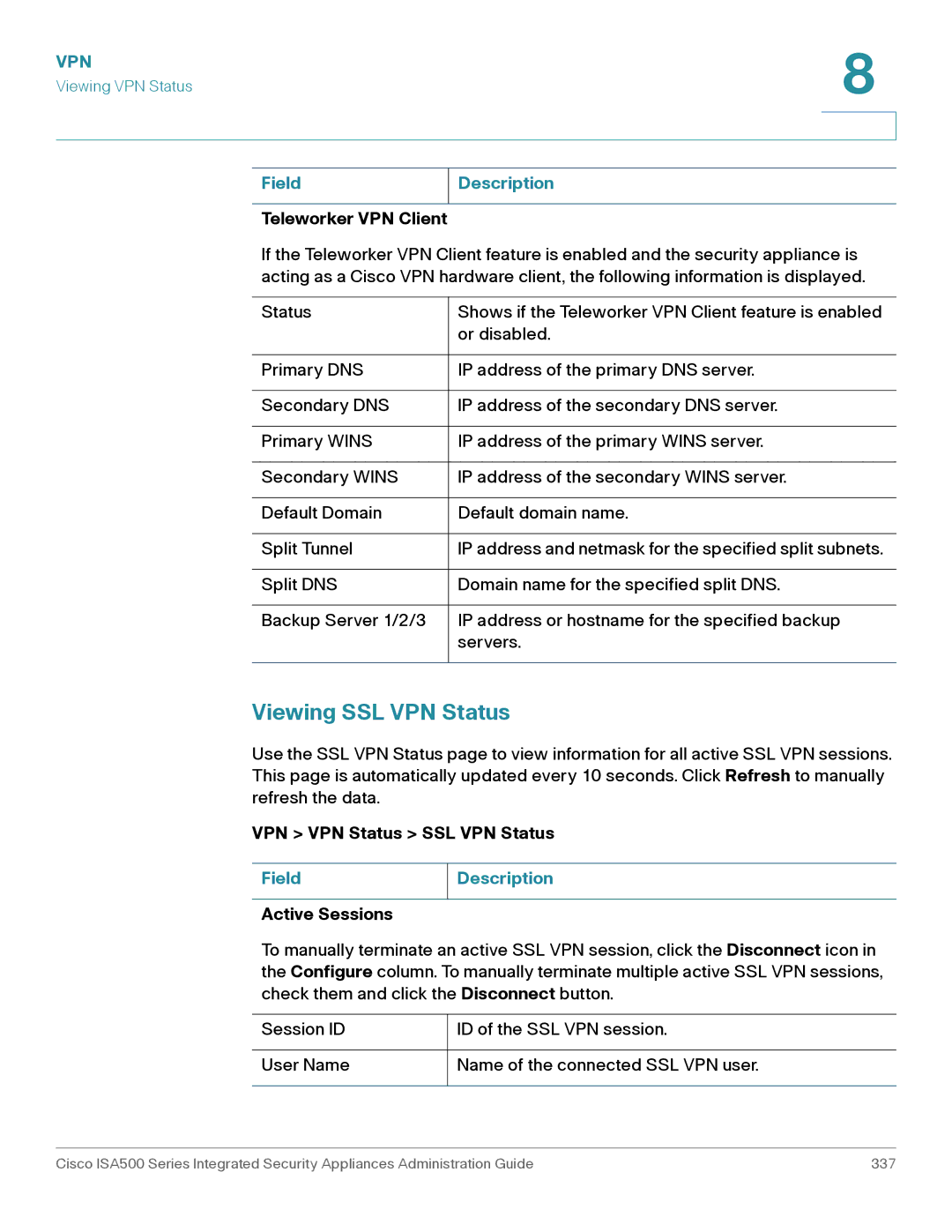 Casio ISA550WBUN3K9 manual Viewing SSL VPN Status, VPN VPN Status SSL VPN Status 