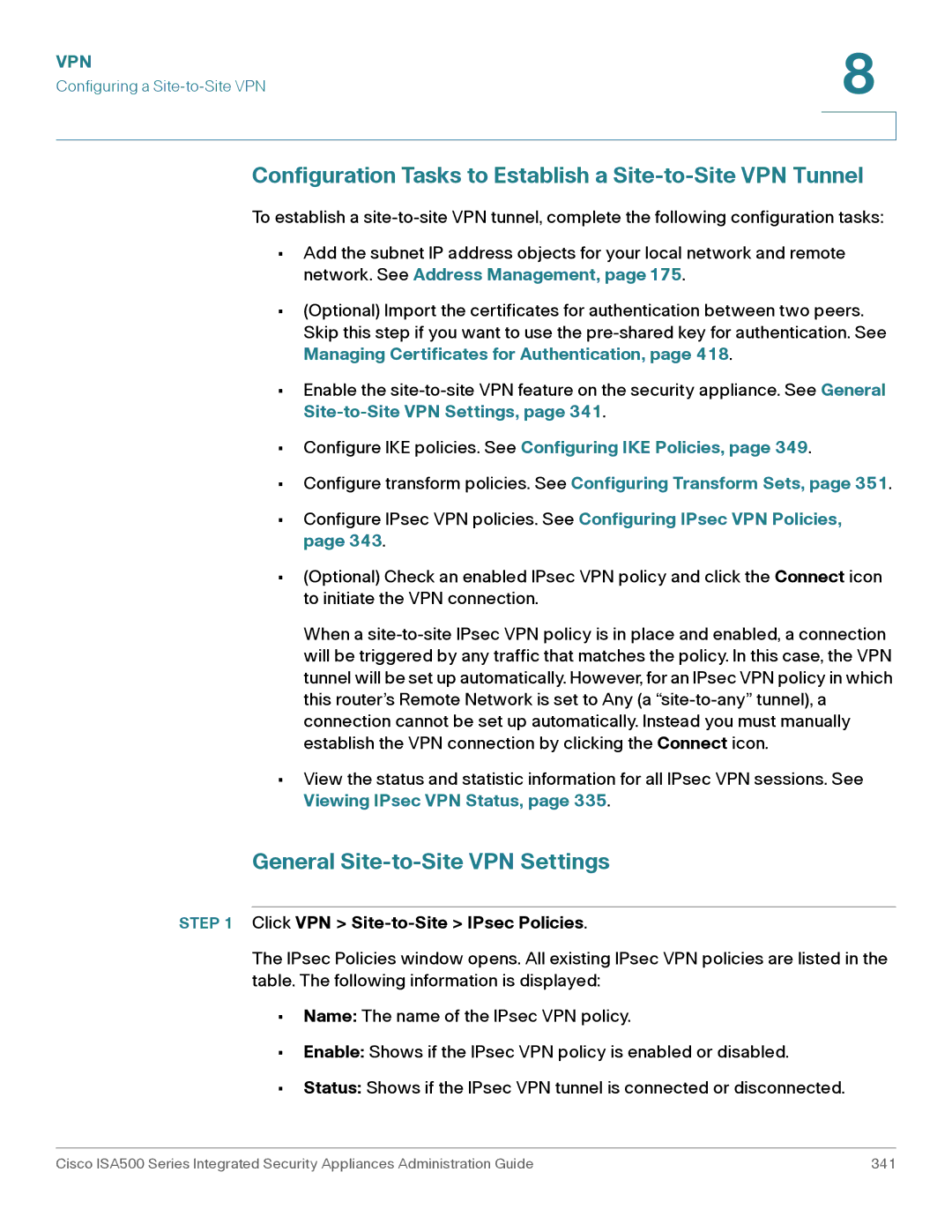 Casio ISA550WBUN3K9 manual Configuration Tasks to Establish a Site-to-Site VPN Tunnel, General Site-to-Site VPN Settings 