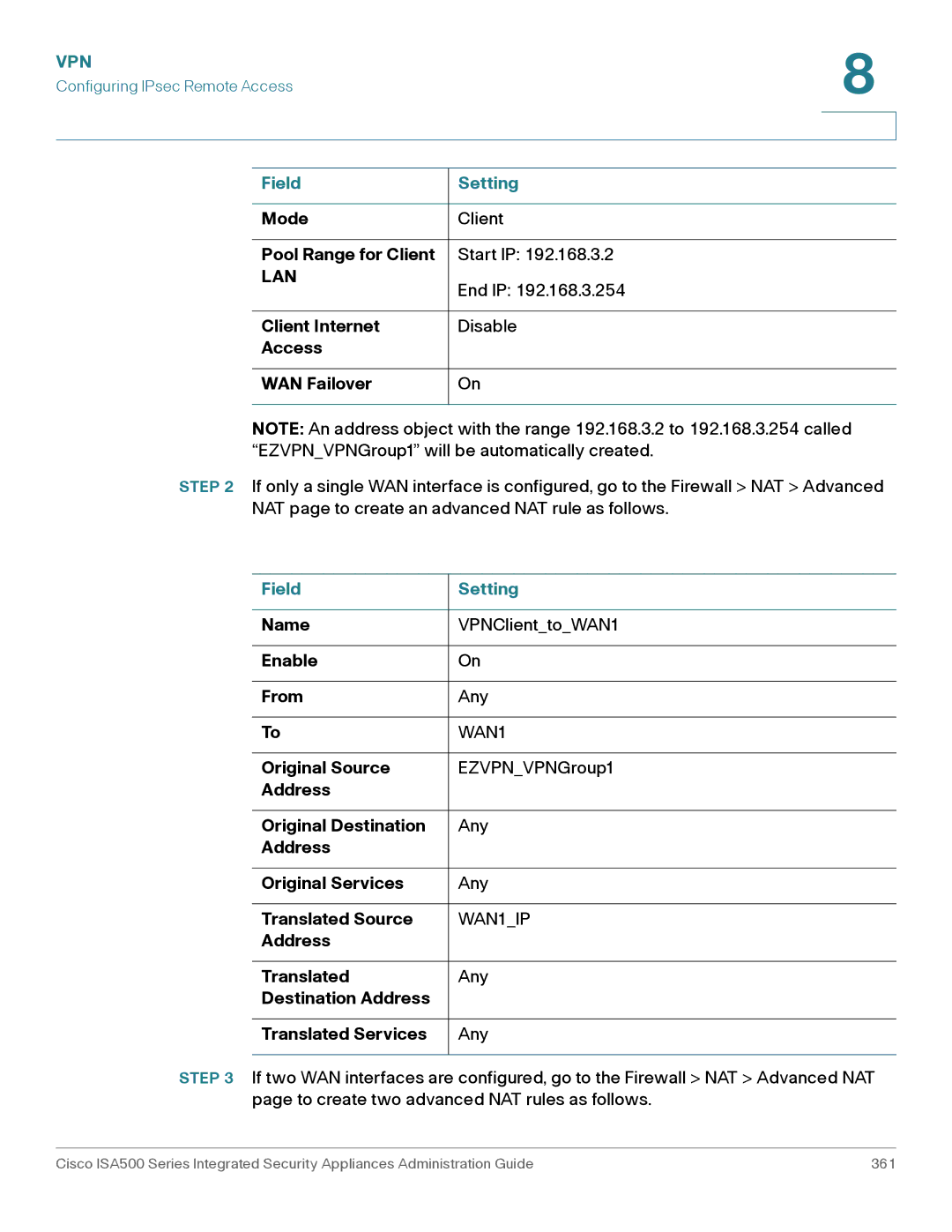 Casio ISA550WBUN3K9 Mode Client Pool Range for Client Start IP, Lan, End IP, Client Internet Disable Access WAN Failover 