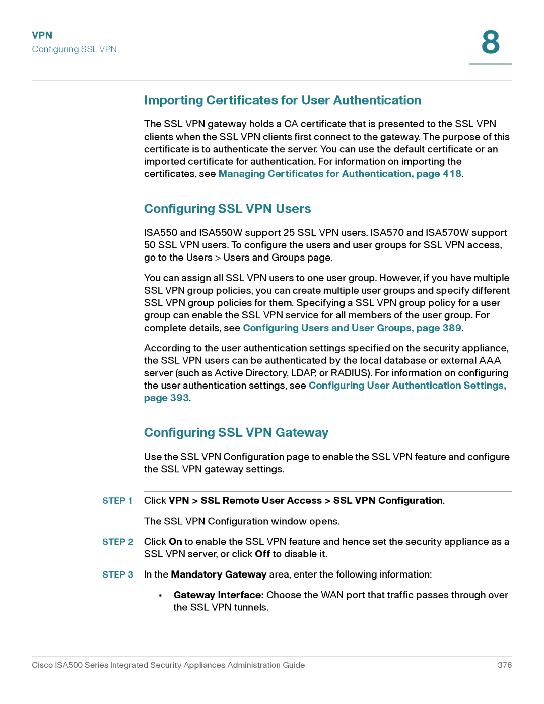 Casio ISA550WBUN3K9 Importing Certificates for User Authentication, Configuring SSL VPN Users, Configuring SSL VPN Gateway 