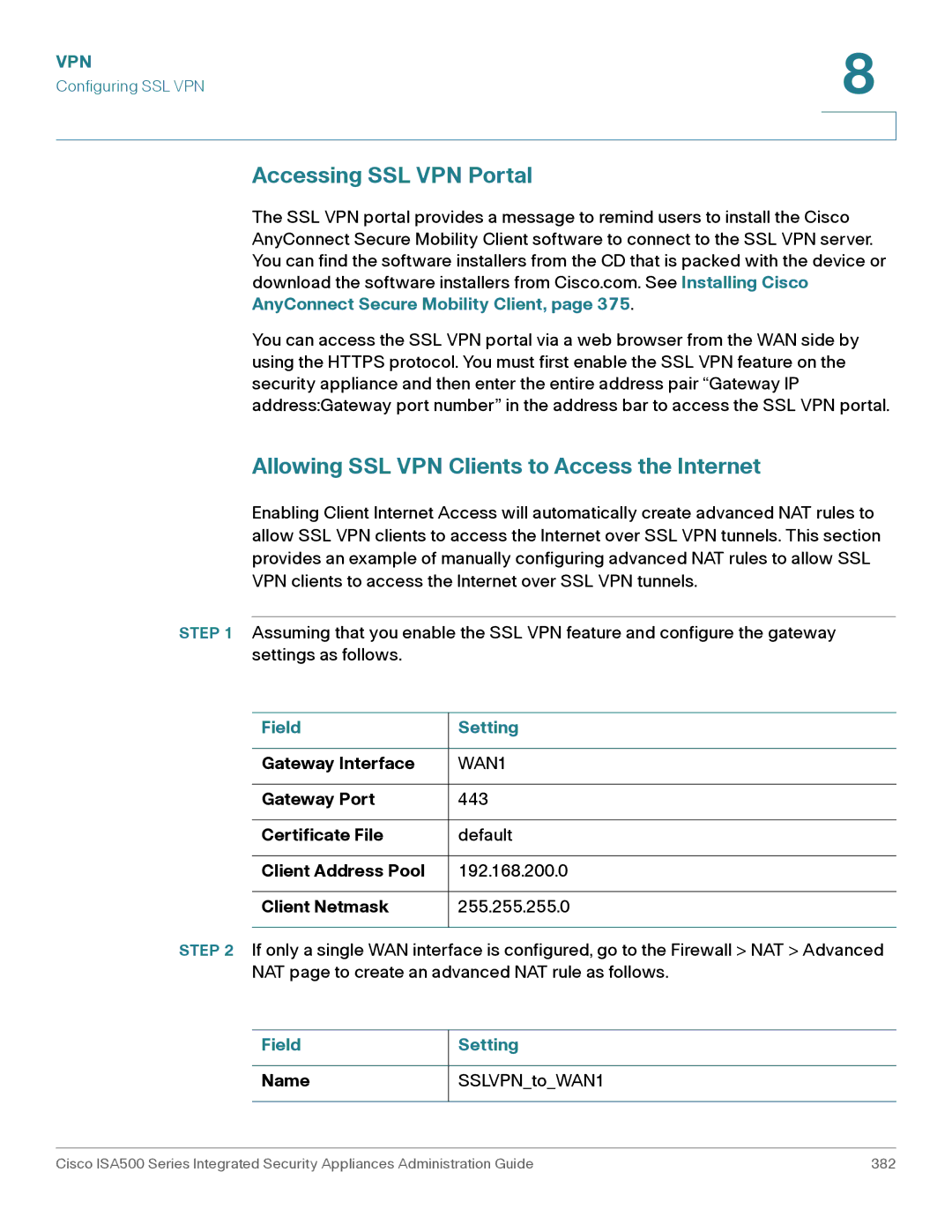 Casio ISA550WBUN3K9 manual Accessing SSL VPN Portal, Allowing SSL VPN Clients to Access the Internet 