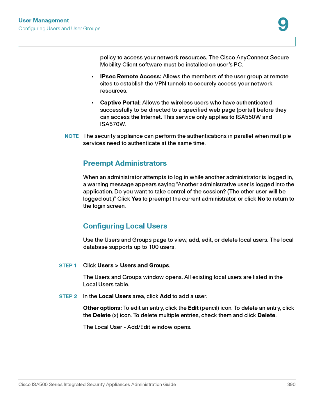 Casio ISA550WBUN3K9 manual Preempt Administrators, Configuring Local Users, Click Users Users and Groups 