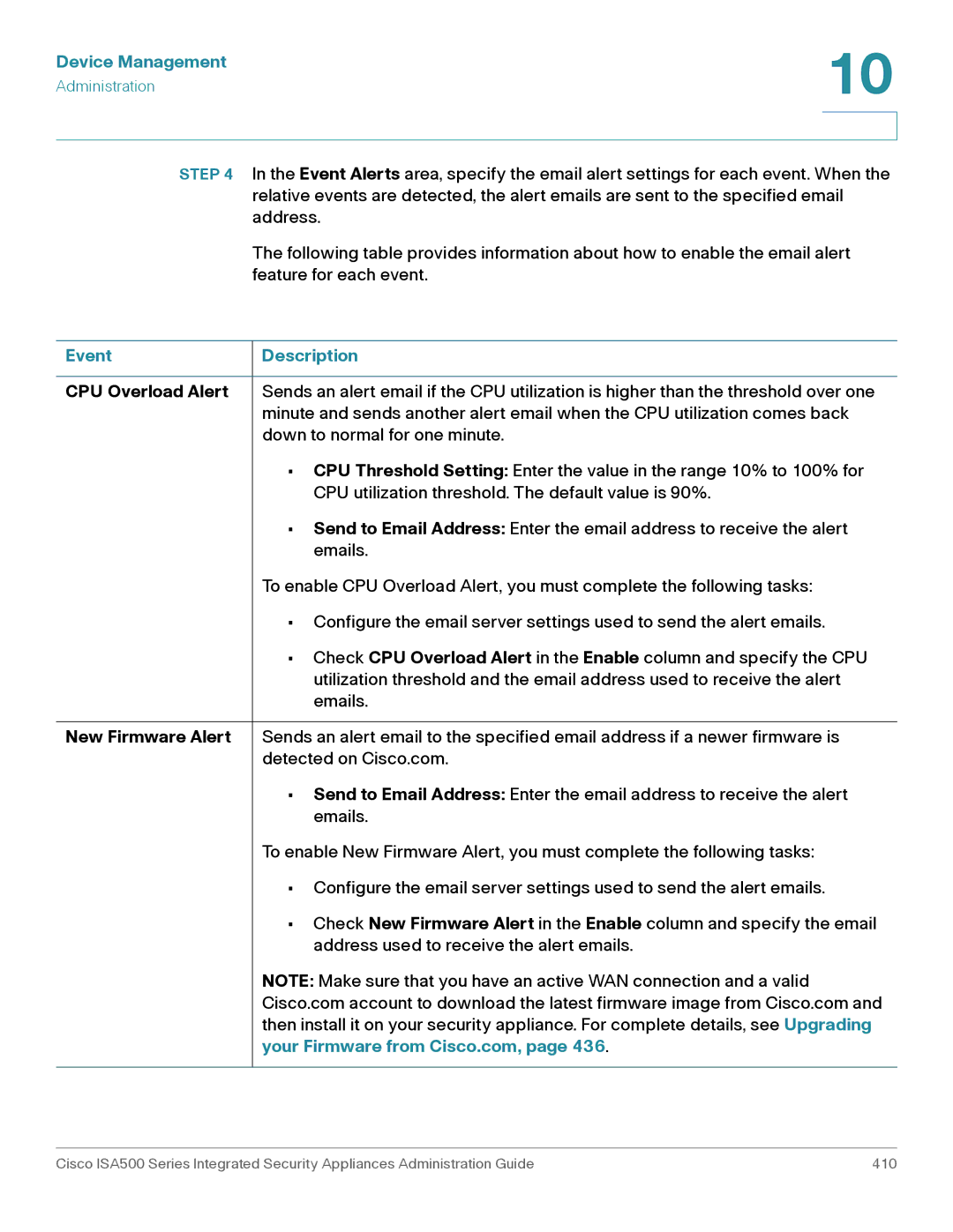 Casio ISA550WBUN3K9 manual Event Description, CPU Overload Alert, New Firmware Alert, Your Firmware from Cisco.com 