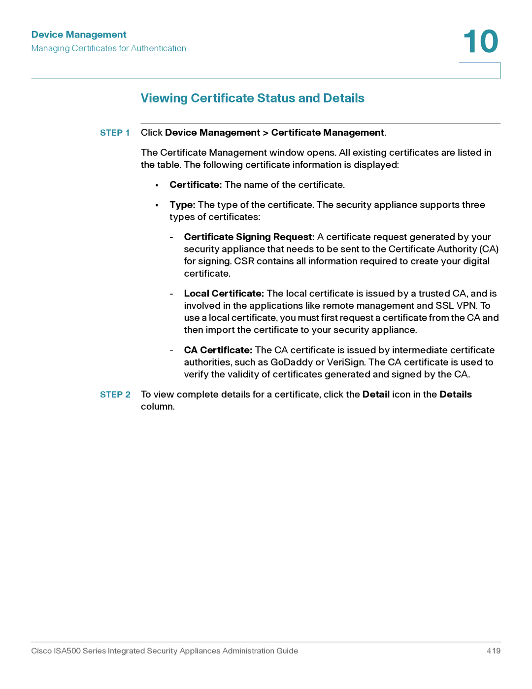 Casio ISA550WBUN3K9 manual Viewing Certificate Status and Details, Click Device Management Certificate Management 