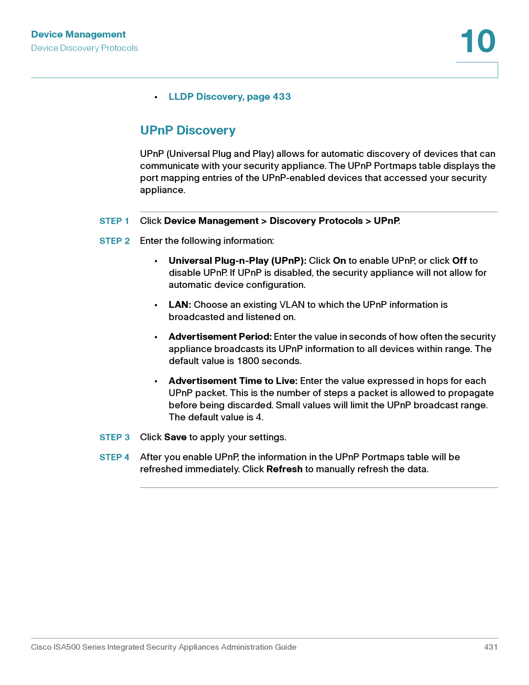 Casio ISA550WBUN3K9 manual UPnP Discovery, Lldp Discovery, Click Device Management Discovery Protocols UPnP 