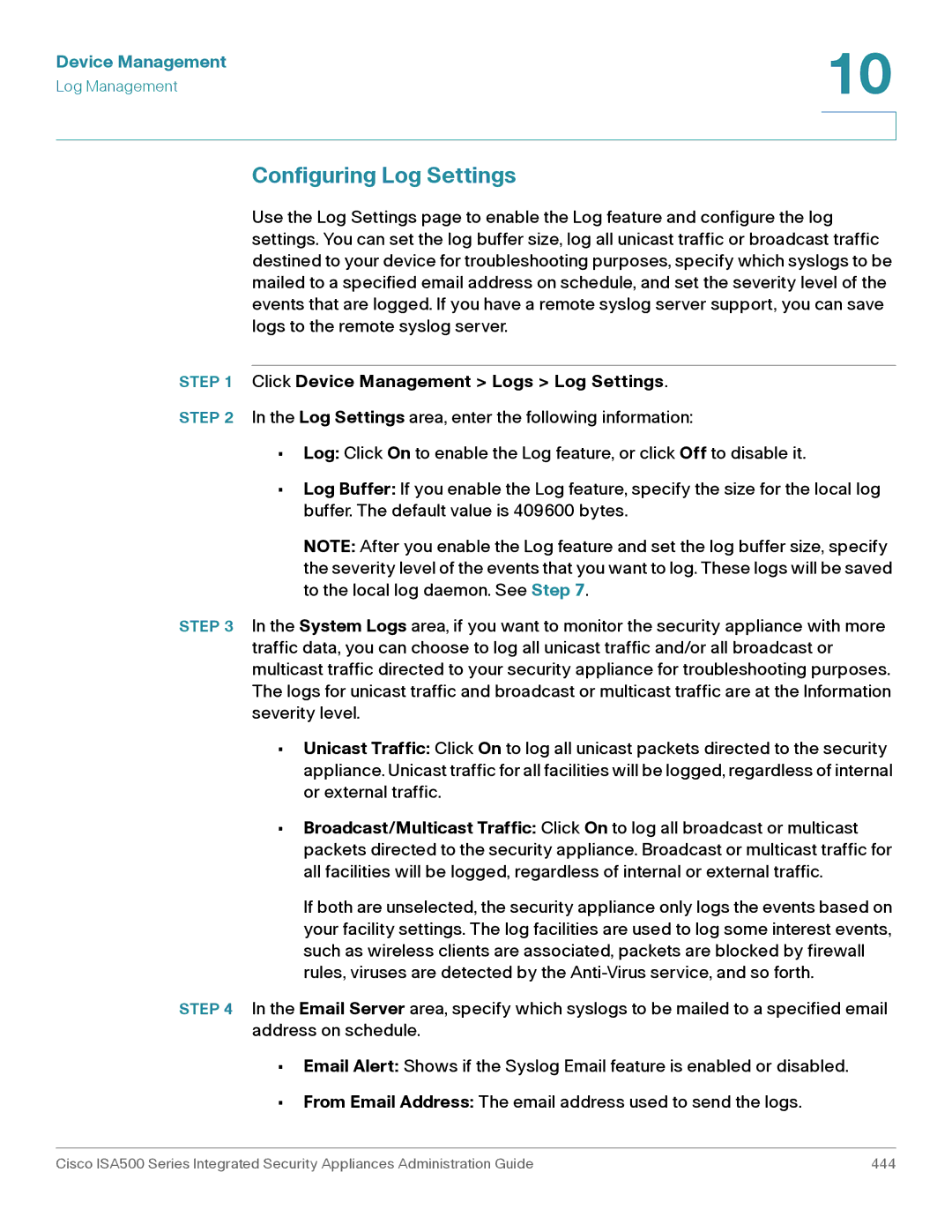 Casio ISA550WBUN3K9 manual Configuring Log Settings, Click Device Management Logs Log Settings 