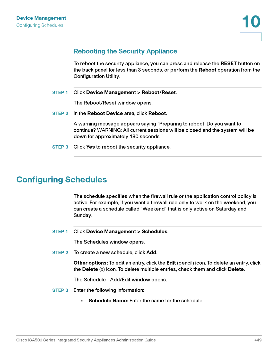 Casio ISA550WBUN3K9 manual Configuring Schedules, Rebooting the Security Appliance, Click Device Management Schedules 