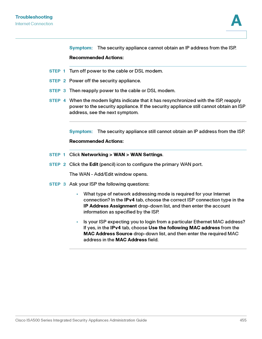 Casio ISA550WBUN3K9 manual Recommended Actions Click Networking WAN WAN Settings 