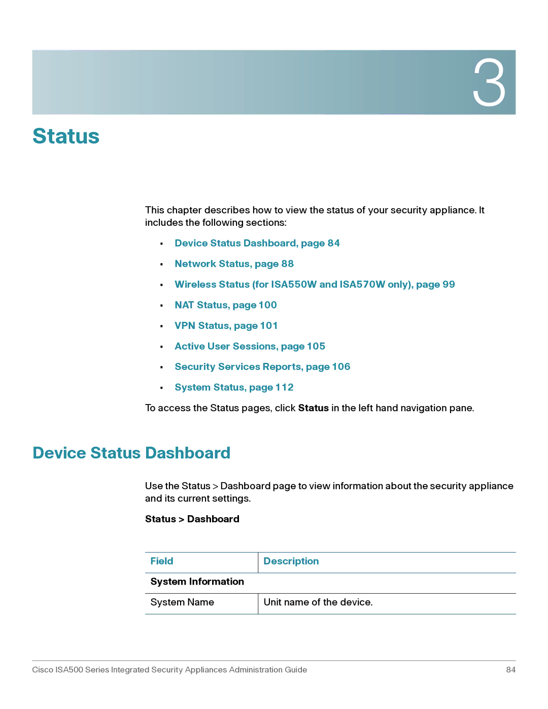 Casio ISA550WBUN3K9 manual Device Status Dashboard, Field Description, System Information 