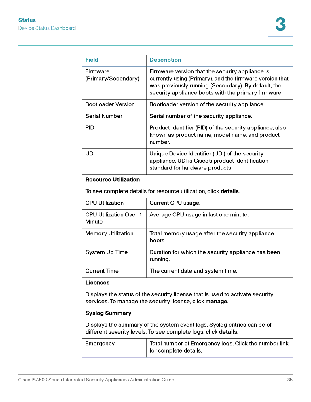 Casio ISA550WBUN3K9 manual Status, Resource Utilization, Licenses, Syslog Summary 