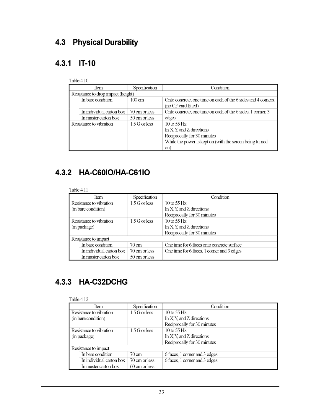 Casio 10M30BR, IT-10M20 manual Physical Durability IT-10 