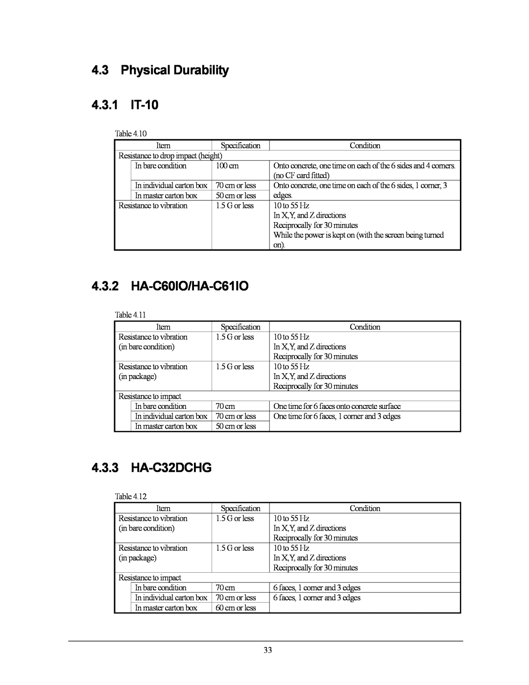 Casio 10M30BR, IT-10M20 manual Physical Durability, HA-C60IO/HA-C61IO, 4.3.1, 4.3.3, HA-C32DCHG 