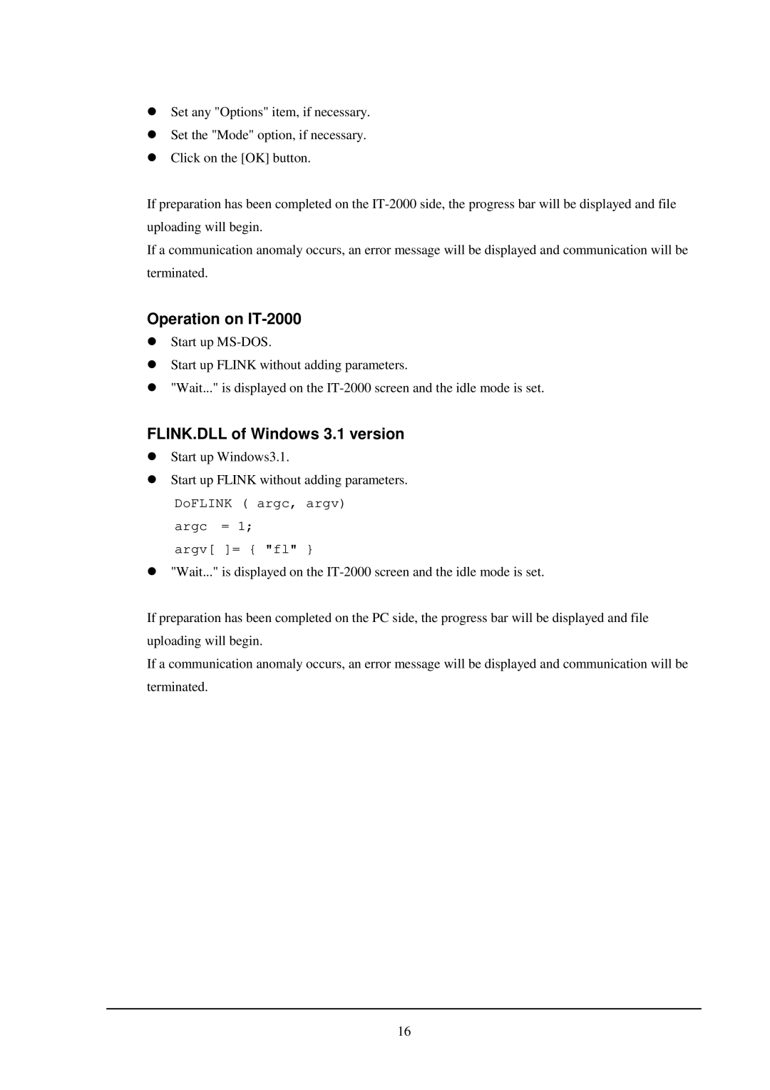 Casio installation manual Operation on IT-2000, FLINK.DLL of Windows 3.1 version, DoFLINK argc, argv argc = argv = fl 
