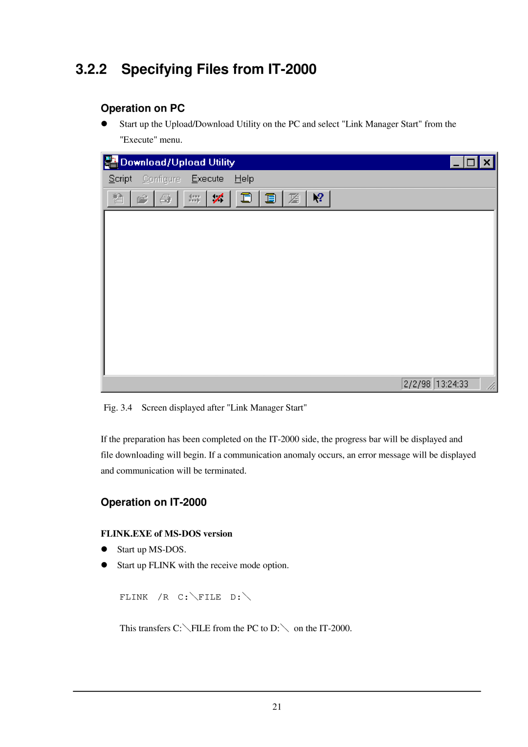 Casio installation manual Specifying Files from IT-2000, Flink /R Cfile D, Operation on PC, Operation on IT-2000 