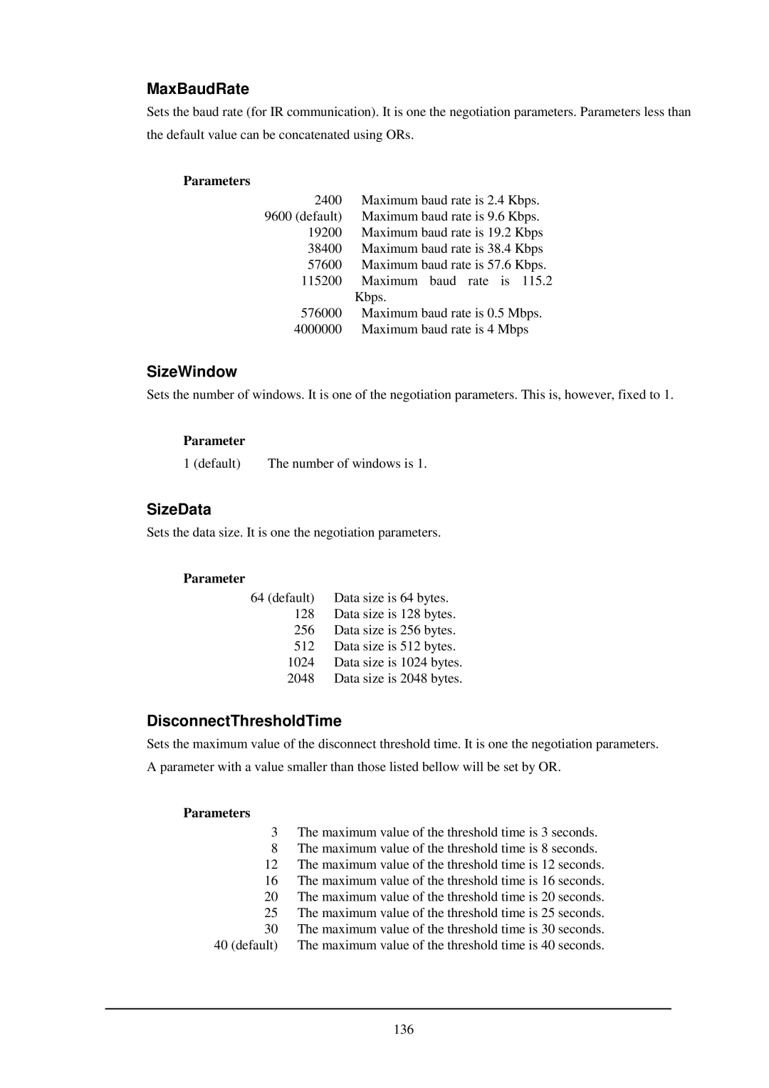 Casio IT-2000W manual MaxBaudRate, SizeWindow, SizeData, DisconnectThresholdTime, Parameters 