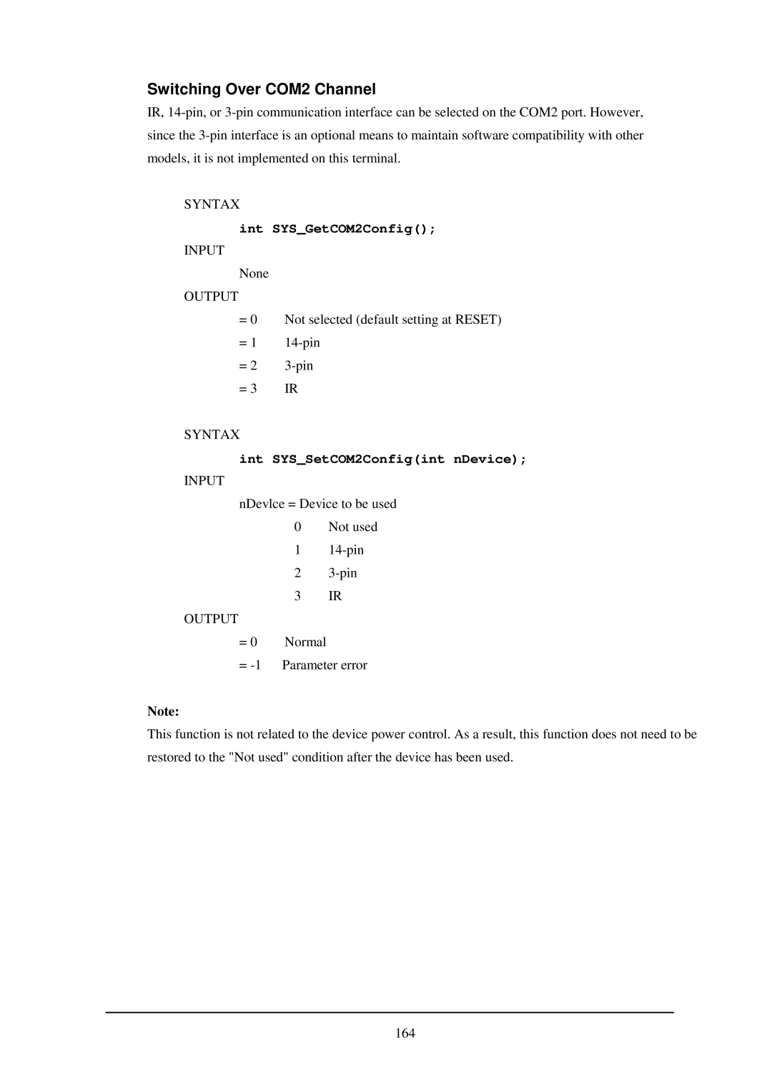 Casio IT-2000W manual Switching Over COM2 Channel, Int SYSGetCOM2Config, Int SYSSetCOM2Configint nDevice 