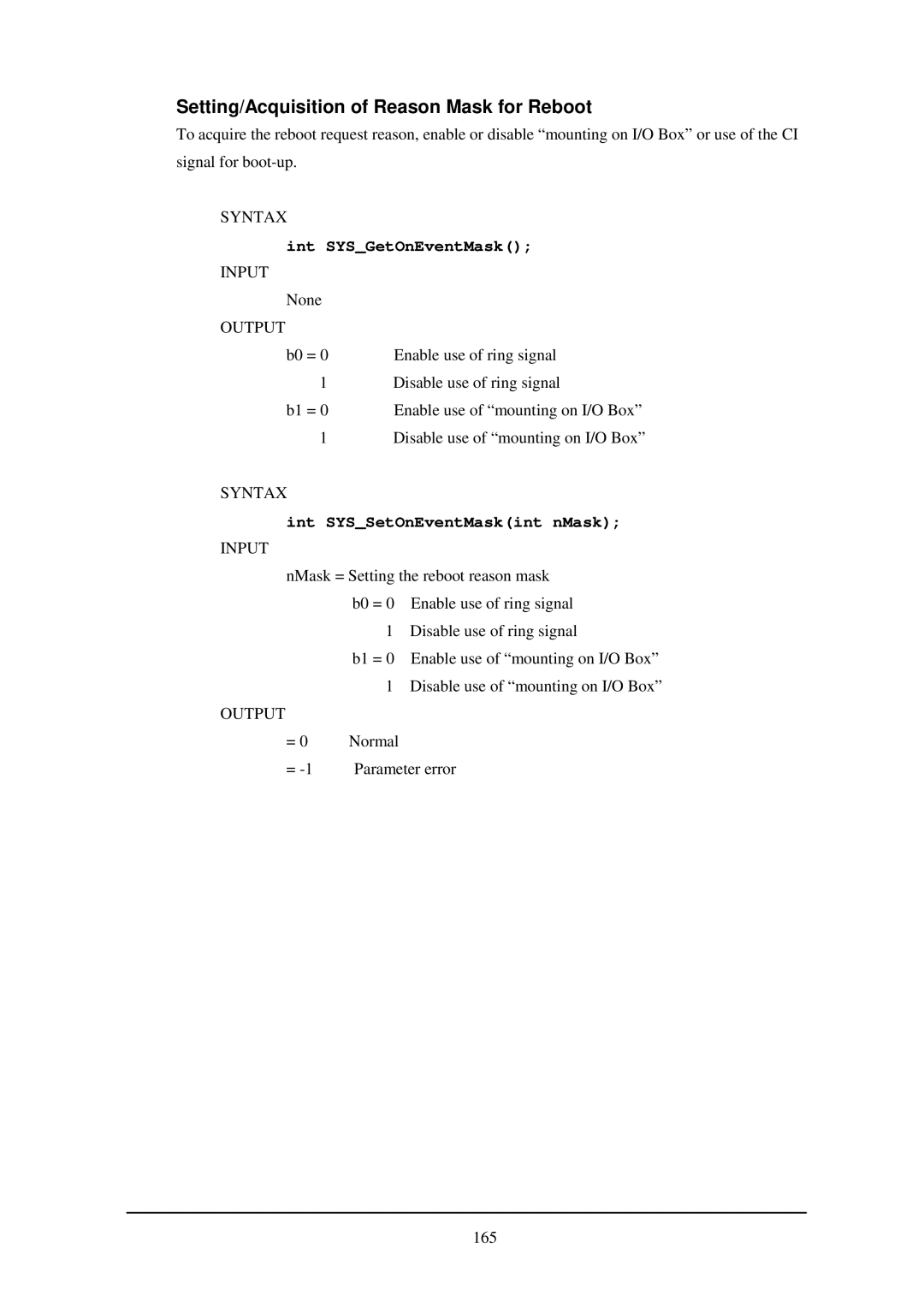 Casio IT-2000W manual Setting/Acquisition of Reason Mask for Reboot, Int SYSGetOnEventMask, Int SYSSetOnEventMaskint nMask 