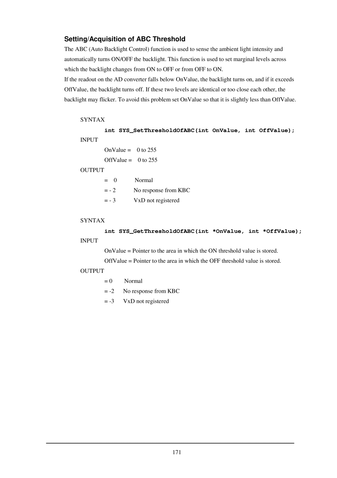 Casio IT-2000W manual Setting/Acquisition of ABC Threshold, Int SYSSetThresholdOfABCint OnValue, int OffValue 