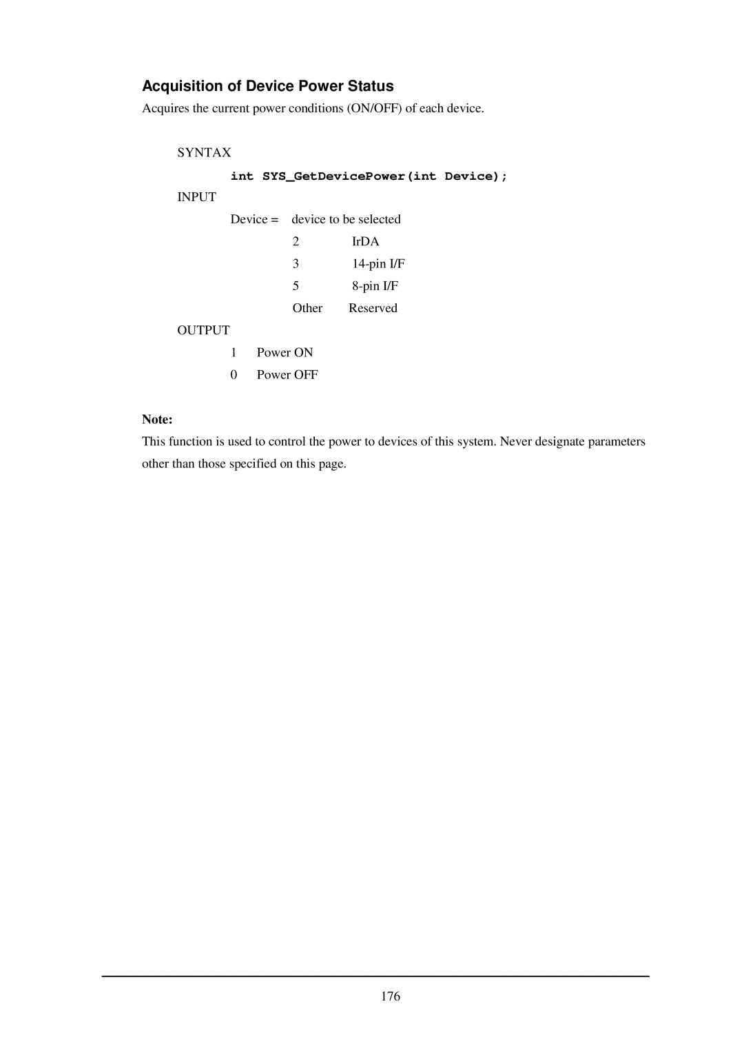 Casio IT-2000W manual Acquisition of Device Power Status, Int SYSGetDevicePowerint Device 