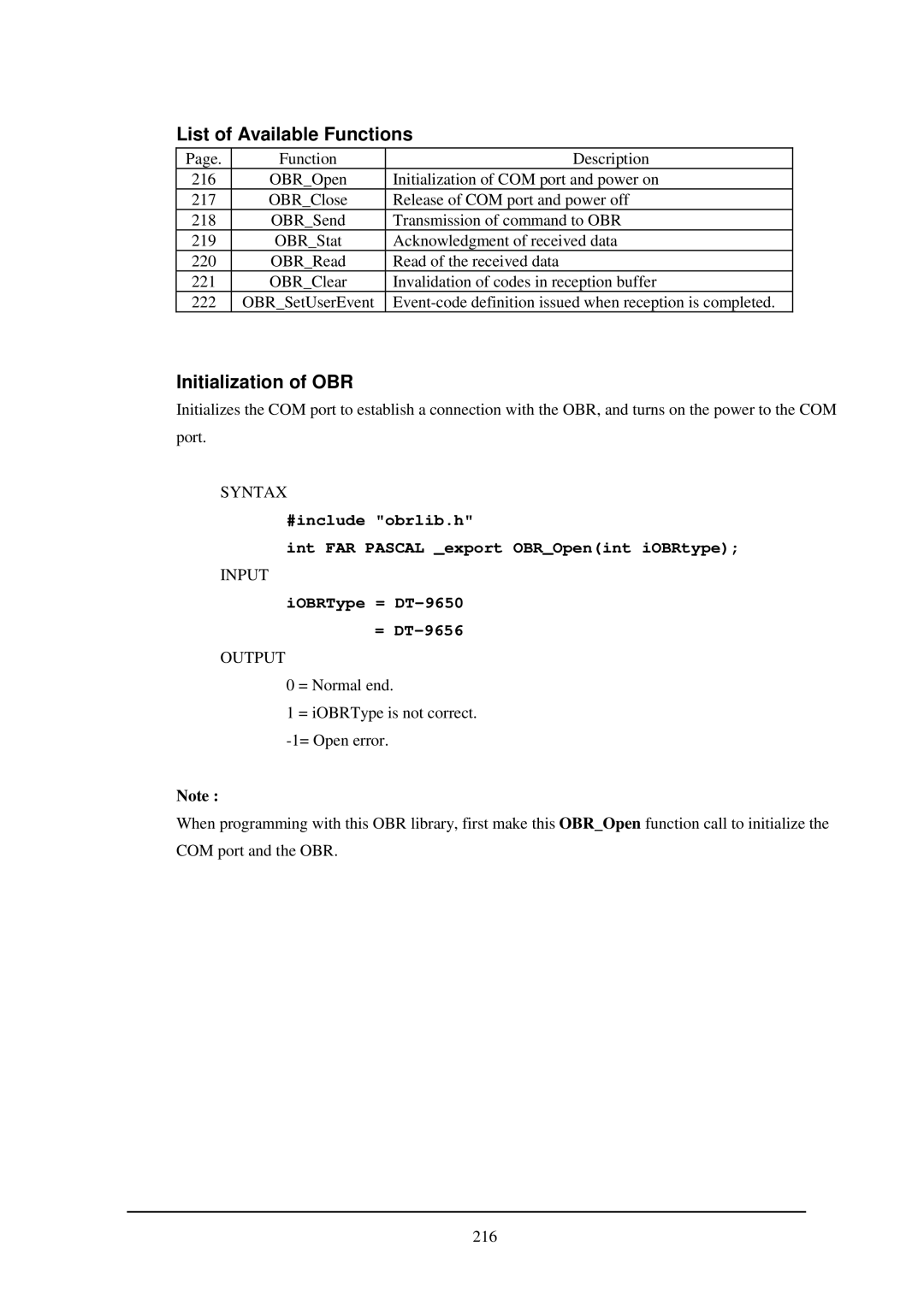 Casio IT-2000W manual List of Available Functions, Initialization of OBR, IOBRType = DT-9650 = DT-9656 