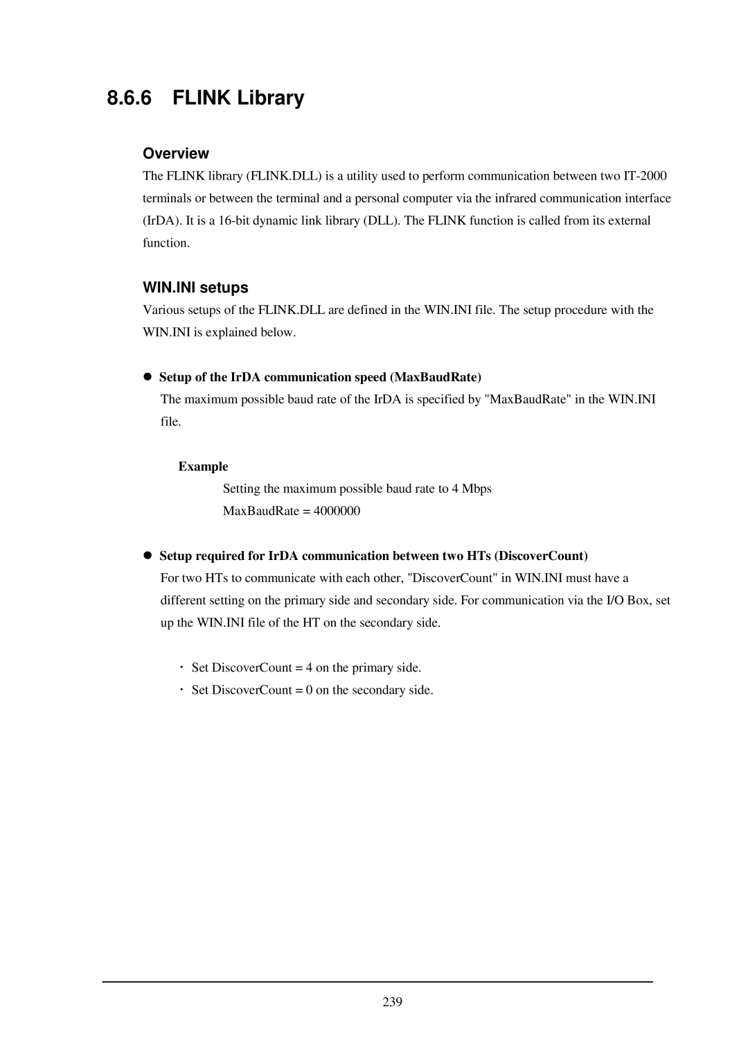 Casio IT-2000W manual Flink Library, WIN.INI setups, Setup of the IrDA communication speed MaxBaudRate 