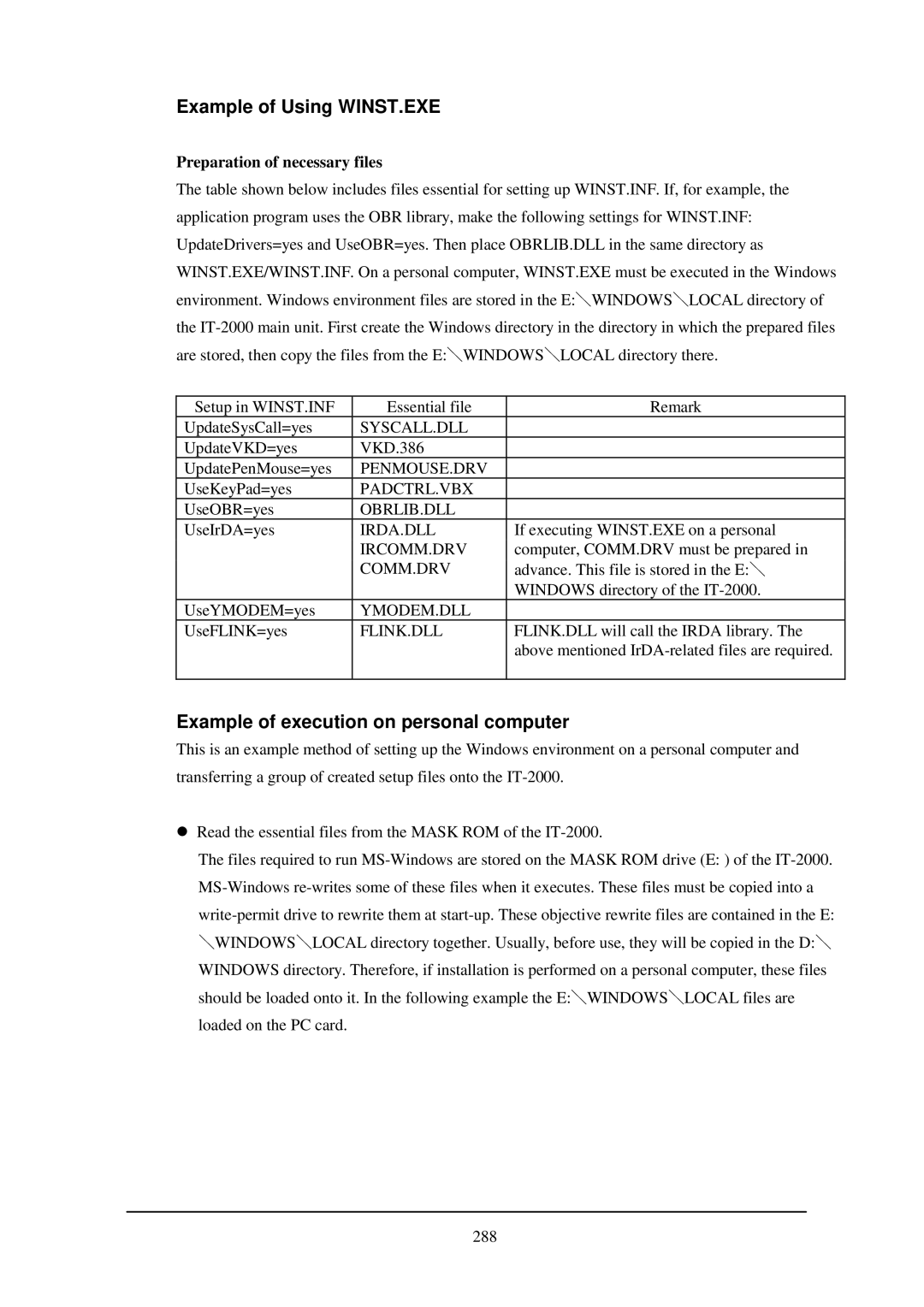 Casio IT-2000W manual Example of Using WINST.EXE, Example of execution on personal computer, Preparation of necessary files 