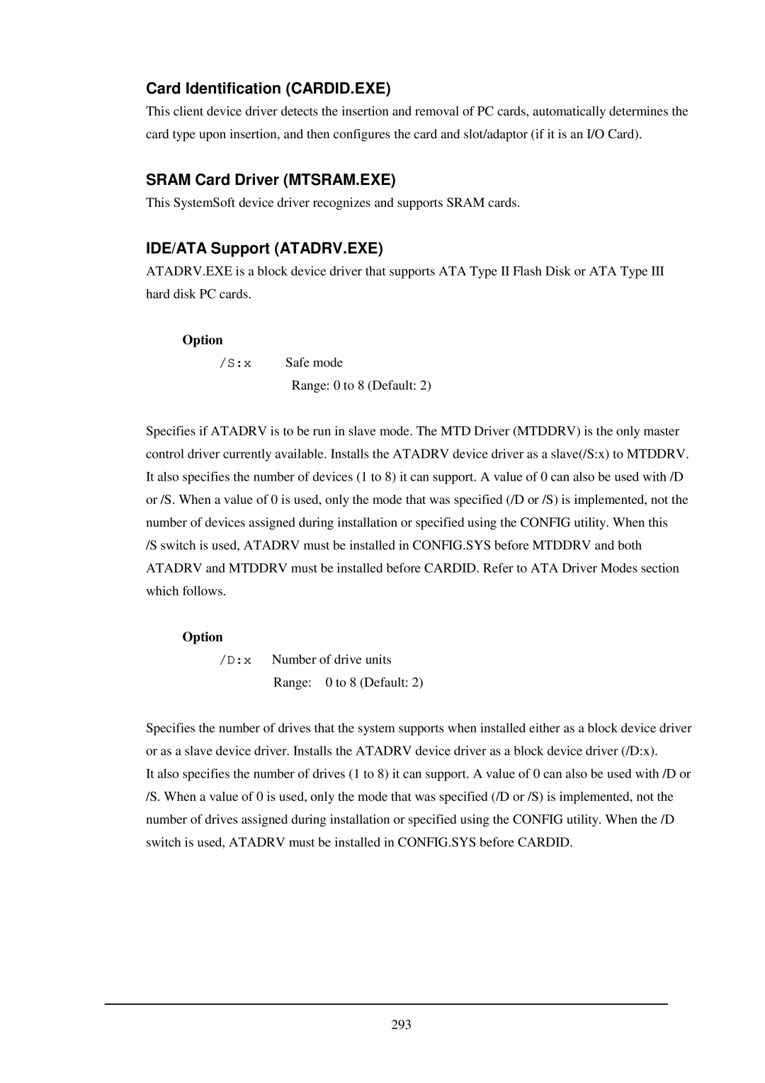 Casio IT-2000W manual Card Identification CARDID.EXE, Sram Card Driver MTSRAM.EXE, IDE/ATA Support ATADRV.EXE 