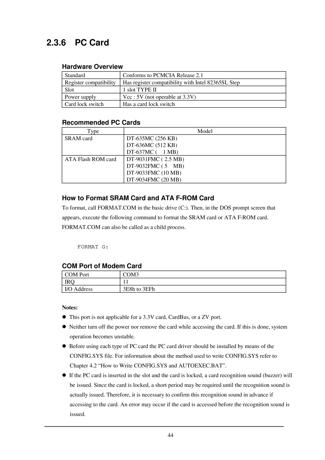 Casio IT-2000W manual Hardware Overview, Recommended PC Cards, How to Format Sram Card and ATA F-ROM Card 