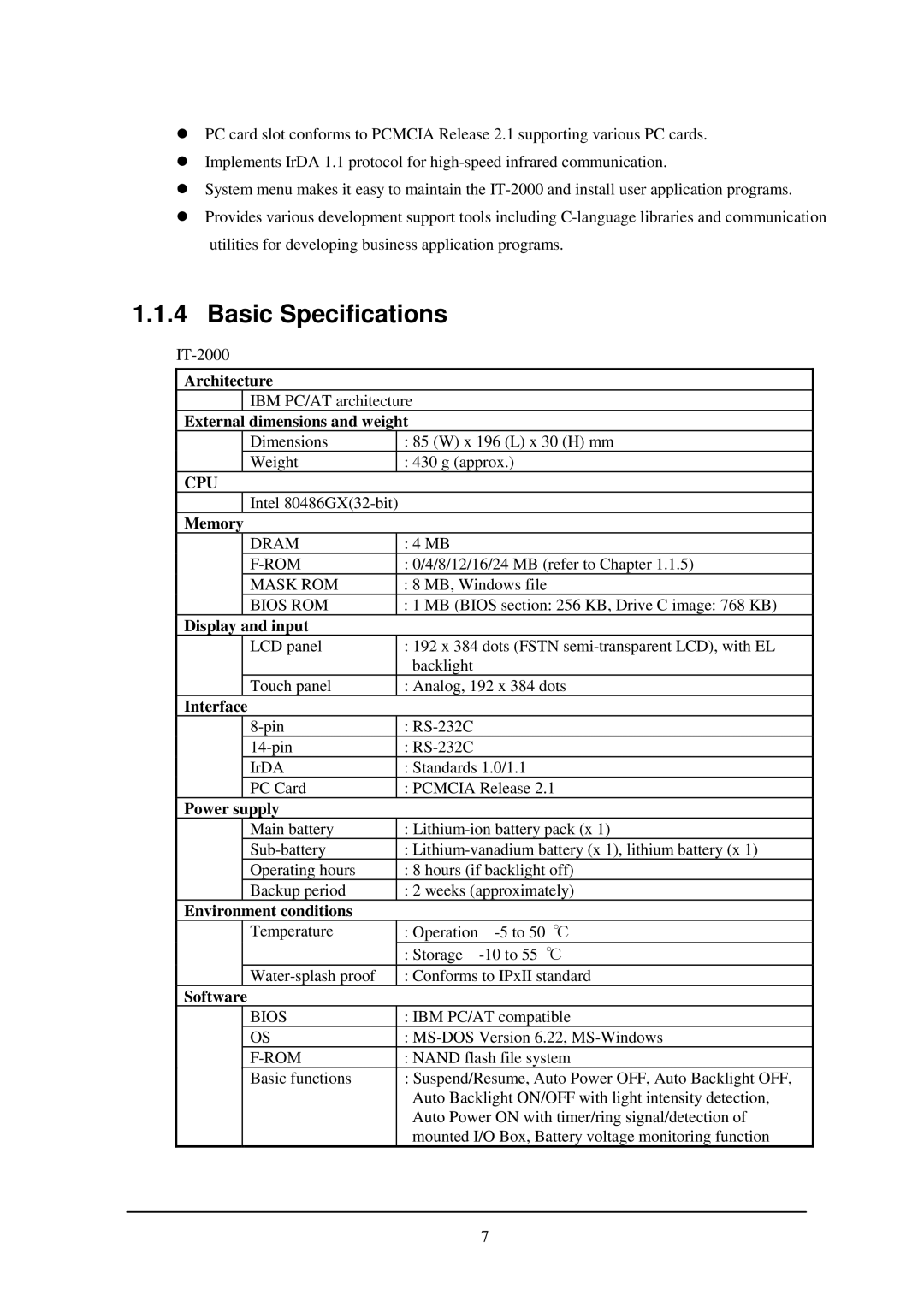 Casio IT-2000W manual Basic Specifications 